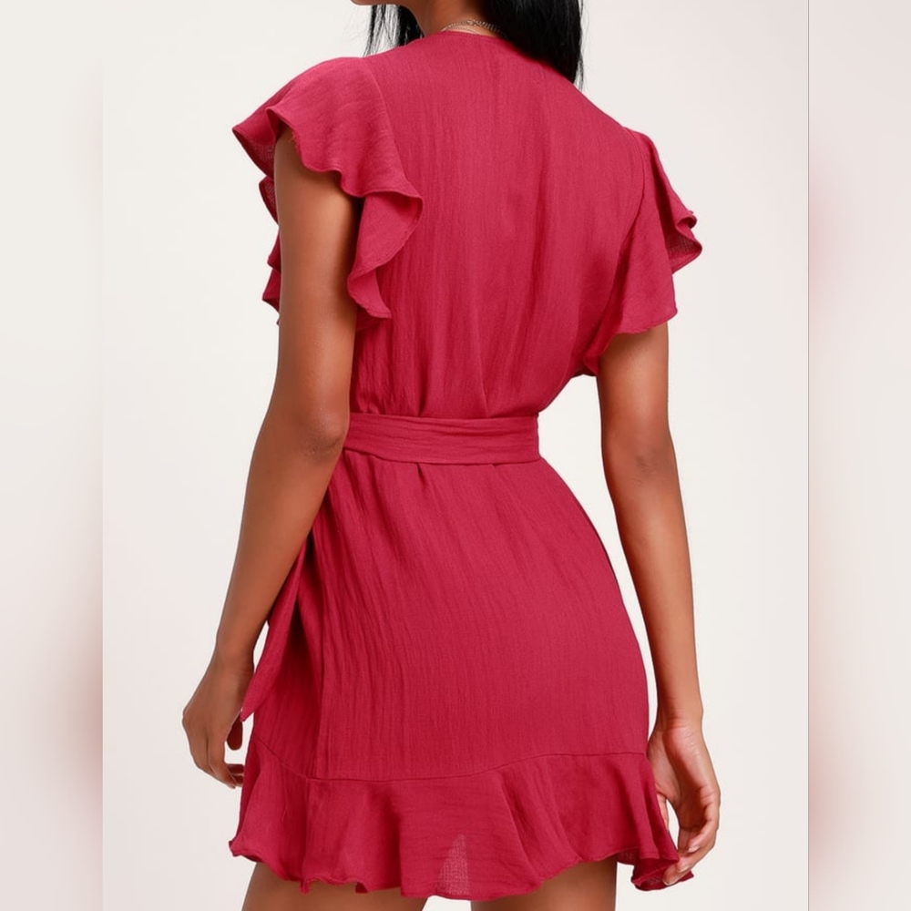 Lulu's Magenta Ruffle Wrap Dress Size Medium NWOT - Picture 2 of 10